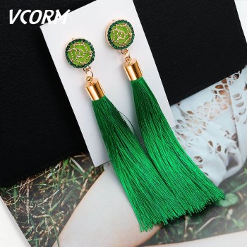 VCORM Bohemian Statement Long Tassel Drop Earrings for Women Fashion Vintage Ethnic Crystal Dangle Fringe Lady Earring jewelry