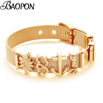 Fashion Stainless Steel Woman Men Bracelet Mesh Bracelet Set Crystal Heart Anchor Charm Pandora Bracelet Bangle for Female Lover