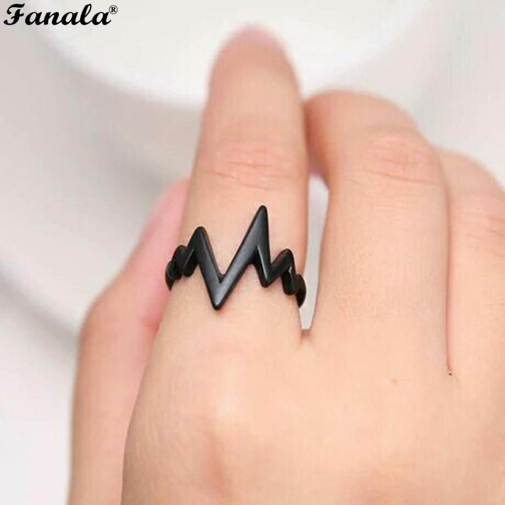 Ring Men Women Black Alloy fashion popular ECG Wave Ring Female Male Couples Rings Bijouterie