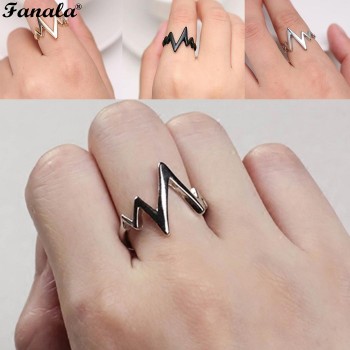 Ring Men Women Black Alloy fashion popular ECG Wave Ring Female Male Couples Rings Bijouterie