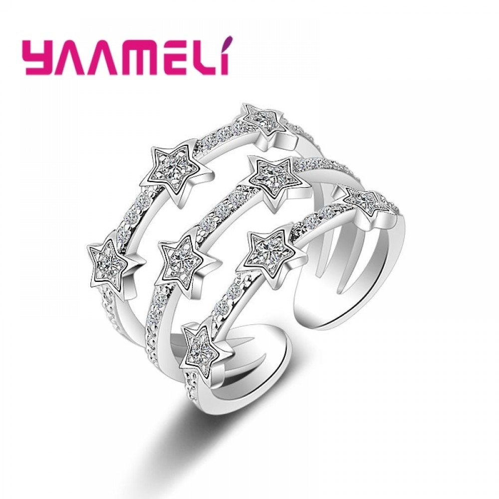 YAAMELI Real 925 Sterling Silver Rings Romantic Multilayers Twinkling CZ Crystal Stars Zircon Stone Jewelry for Women Nice Gift