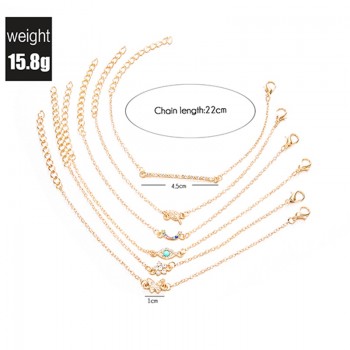 6 Pcs/Set Punk Butterfly Eye Star Moon Leaves Crystal Gem Shiny Gold Multilayer Chain Bracelet Set Women Exquisite Party Jewelry