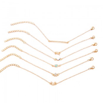 6 Pcs/Set Punk Butterfly Eye Star Moon Leaves Crystal Gem Shiny Gold Multilayer Chain Bracelet Set Women Exquisite Party Jewelry
