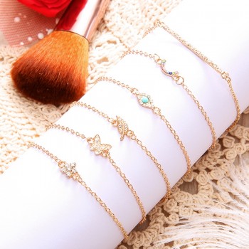 6 Pcs/Set Punk Butterfly Eye Star Moon Leaves Crystal Gem Shiny Gold Multilayer Chain Bracelet Set Women Exquisite Party Jewelry