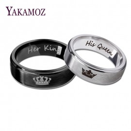 YAKAMOZ Fashion Stainless Steel Couple Rings Black Crown Her King His Queen Couple Jewelry Anniversary Valentines Day Gifts