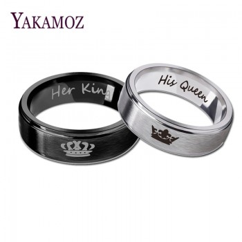 YAKAMOZ Fashion Stainless Steel Couple Rings Black Crown Her King His Queen Couple Jewelry Anniversary Valentines Day Gifts