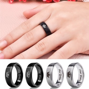 YAKAMOZ Fashion Stainless Steel Couple Rings Black Crown Her King His Queen Couple Jewelry Anniversary Valentines Day Gifts