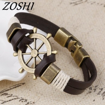 ZOSHI Wholesale Cuff braided Wrap Bracelet amp; Bangles Men Jewelry Pirate Genuine Leather Anchor Bracelets Vintage Mens Jewelry