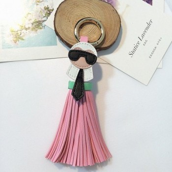 Cute Big Brand Karl Genuine Tassels Monster Bag Bugs Car Ornaments Leather Tassels Bag Charm Key Chain K008-black