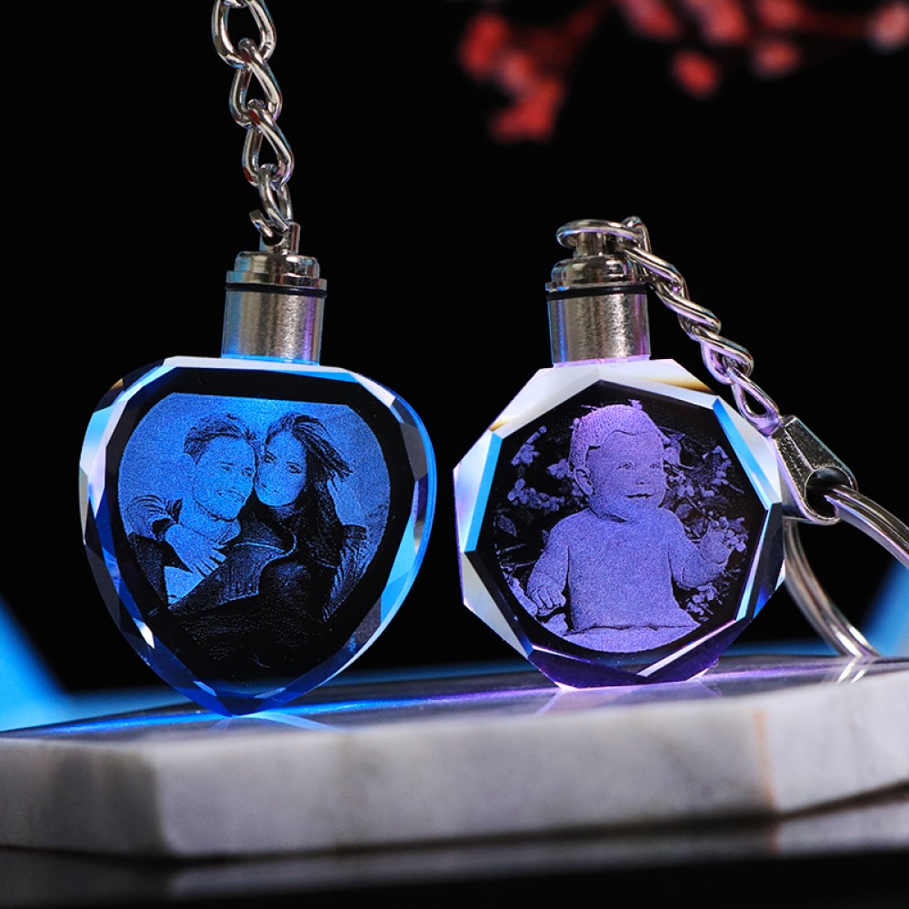 Custom K9 Crystal Key Chain Personalized Photo Pendant Picture DIY Key Ring Laser Engraved LED Light Keychain Unique Gift