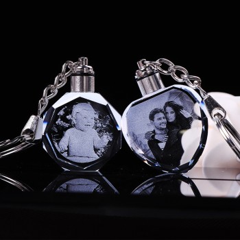 Custom K9 Crystal Key Chain Personalized Photo Pendant Picture DIY Key Ring Laser Engraved LED Light Keychain Unique Gift