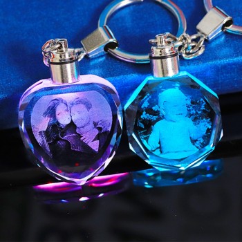 Custom K9 Crystal Key Chain Personalized Photo Pendant Picture DIY Key Ring Laser Engraved LED Light Keychain Unique Gift