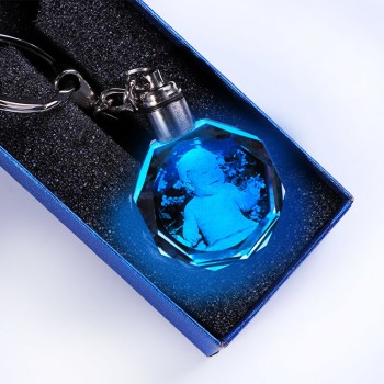 Custom K9 Crystal Key Chain Personalized Photo Pendant Picture DIY Key Ring Laser Engraved LED Light Keychain Unique Gift