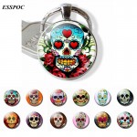Sugar Skull Keychain Mexico Folk Art Sugar Skull Glass Pendant Metal Keyring Day of the Dead Jewelry Gift Halloween Gift