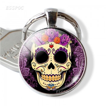 Sugar Skull Keychain Mexico Folk Art Sugar Skull Glass Pendant Metal Keyring Day of the Dead Jewelry Gift Halloween Gift