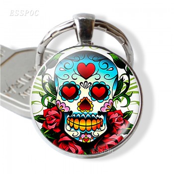 Sugar Skull Keychain Mexico Folk Art Sugar Skull Glass Pendant Metal Keyring Day of the Dead Jewelry Gift Halloween Gift