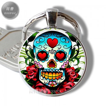 Sugar Skull Keychain Mexico Folk Art Sugar Skull Glass Pendant Metal Keyring Day of the Dead Jewelry Gift Halloween Gift
