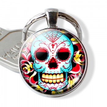 Sugar Skull Keychain Mexico Folk Art Sugar Skull Glass Pendant Metal Keyring Day of the Dead Jewelry Gift Halloween Gift