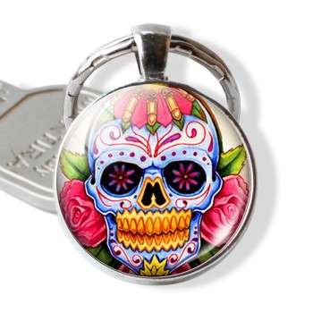 Sugar Skull Keychain Mexico Folk Art Sugar Skull Glass Pendant Metal Keyring Day of the Dead Jewelry Gift Halloween Gift