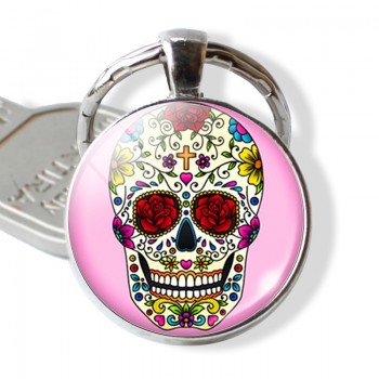 Sugar Skull Keychain Mexico Folk Art Sugar Skull Glass Pendant Metal Keyring Day of the Dead Jewelry Gift Halloween Gift