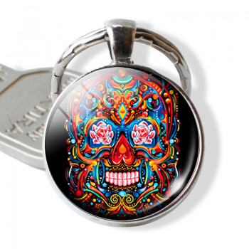 Sugar Skull Keychain Mexico Folk Art Sugar Skull Glass Pendant Metal Keyring Day of the Dead Jewelry Gift Halloween Gift