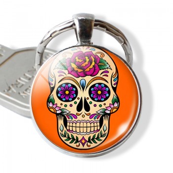 Sugar Skull Keychain Mexico Folk Art Sugar Skull Glass Pendant Metal Keyring Day of the Dead Jewelry Gift Halloween Gift