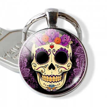 Sugar Skull Keychain Mexico Folk Art Sugar Skull Glass Pendant Metal Keyring Day of the Dead Jewelry Gift Halloween Gift