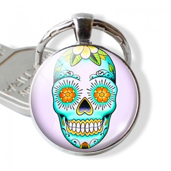 Sugar Skull Keychain Mexico Folk Art Sugar Skull Glass Pendant Metal Keyring Day of the Dead Jewelry Gift Halloween Gift