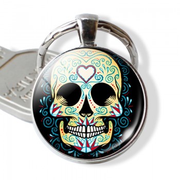 Sugar Skull Keychain Mexico Folk Art Sugar Skull Glass Pendant Metal Keyring Day of the Dead Jewelry Gift Halloween Gift
