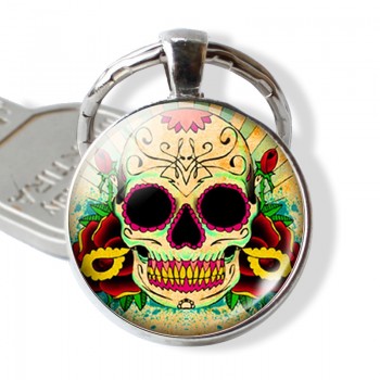 Sugar Skull Keychain Mexico Folk Art Sugar Skull Glass Pendant Metal Keyring Day of the Dead Jewelry Gift Halloween Gift
