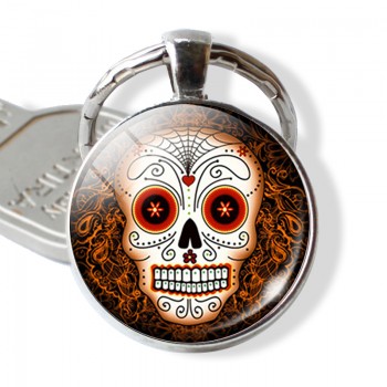 Sugar Skull Keychain Mexico Folk Art Sugar Skull Glass Pendant Metal Keyring Day of the Dead Jewelry Gift Halloween Gift