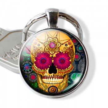 Sugar Skull Keychain Mexico Folk Art Sugar Skull Glass Pendant Metal Keyring Day of the Dead Jewelry Gift Halloween Gift