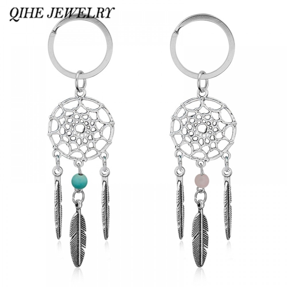 QIHE JEWELRY Gift Pink Black Beads Dreamcatcher Feather Wind Chimes Dream Catcher Key Chain Women Vintage Indian Style Keychain