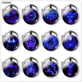 12 Constellation Leo Virgo Key Chains Glass Cabochon Pendant Zodiac Sign Key Rings Silver Bag Pendant Keychain Birthday Gift