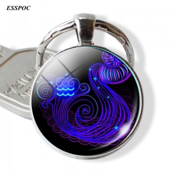 12 Constellation Leo Virgo Key Chains Glass Cabochon Pendant Zodiac Sign Key Rings Silver Bag Pendant Keychain Birthday Gift