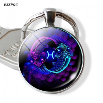 12 Constellation Leo Virgo Key Chains Glass Cabochon Pendant Zodiac Sign Key Rings Silver Bag Pendant Keychain Birthday Gift