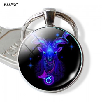 12 Constellation Leo Virgo Key Chains Glass Cabochon Pendant Zodiac Sign Key Rings Silver Bag Pendant Keychain Birthday Gift
