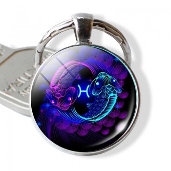 12 Constellation Leo Virgo Key Chains Glass Cabochon Pendant Zodiac Sign Key Rings Silver Bag Pendant Keychain Birthday Gift