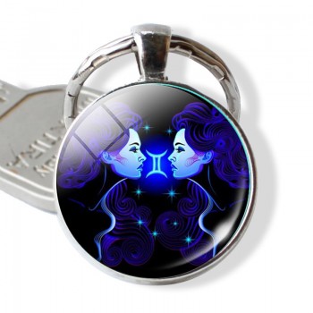 12 Constellation Leo Virgo Key Chains Glass Cabochon Pendant Zodiac Sign Key Rings Silver Bag Pendant Keychain Birthday Gift