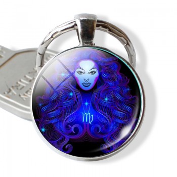 12 Constellation Leo Virgo Key Chains Glass Cabochon Pendant Zodiac Sign Key Rings Silver Bag Pendant Keychain Birthday Gift