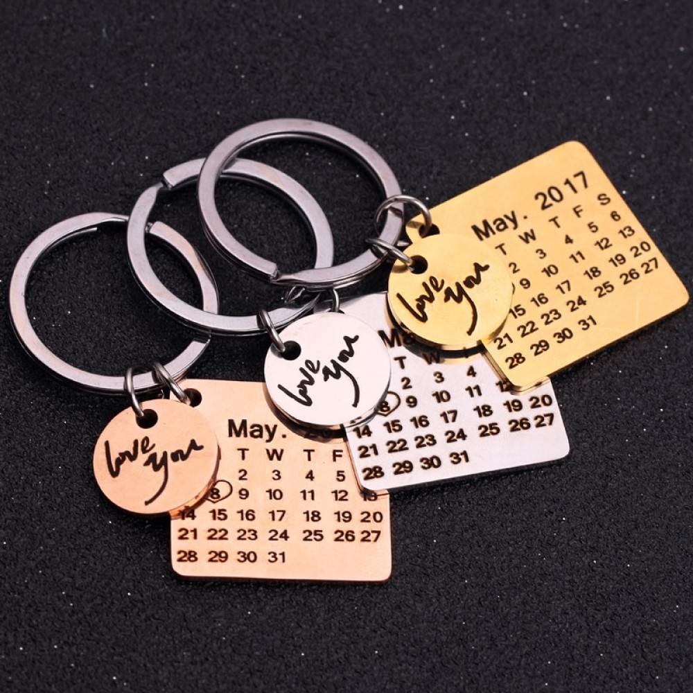 Personalized Calendar Key Chain Custom Gift Engraved Heart Date Name Stainless Steel Key Ring Gifts For Anniversary Birthday
