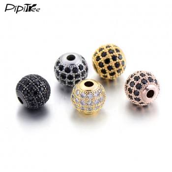 Pipitree DIY Black CZ Spacer Beads 6mm 8mm 10mm Copper Crystal Round Beads for Jewelry Making Bracelets Findings Wholesale