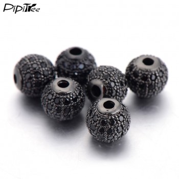 Pipitree DIY Black CZ Spacer Beads 6mm 8mm 10mm Copper Crystal Round Beads for Jewelry Making Bracelets Findings Wholesale