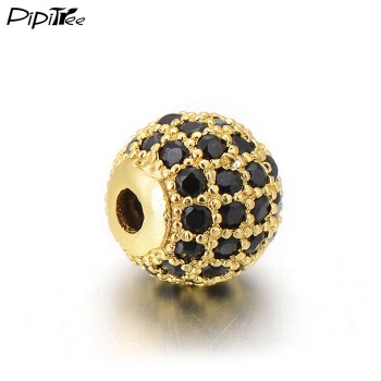 Pipitree DIY Black CZ Spacer Beads 6mm 8mm 10mm Copper Crystal Round Beads for Jewelry Making Bracelets Findings Wholesale