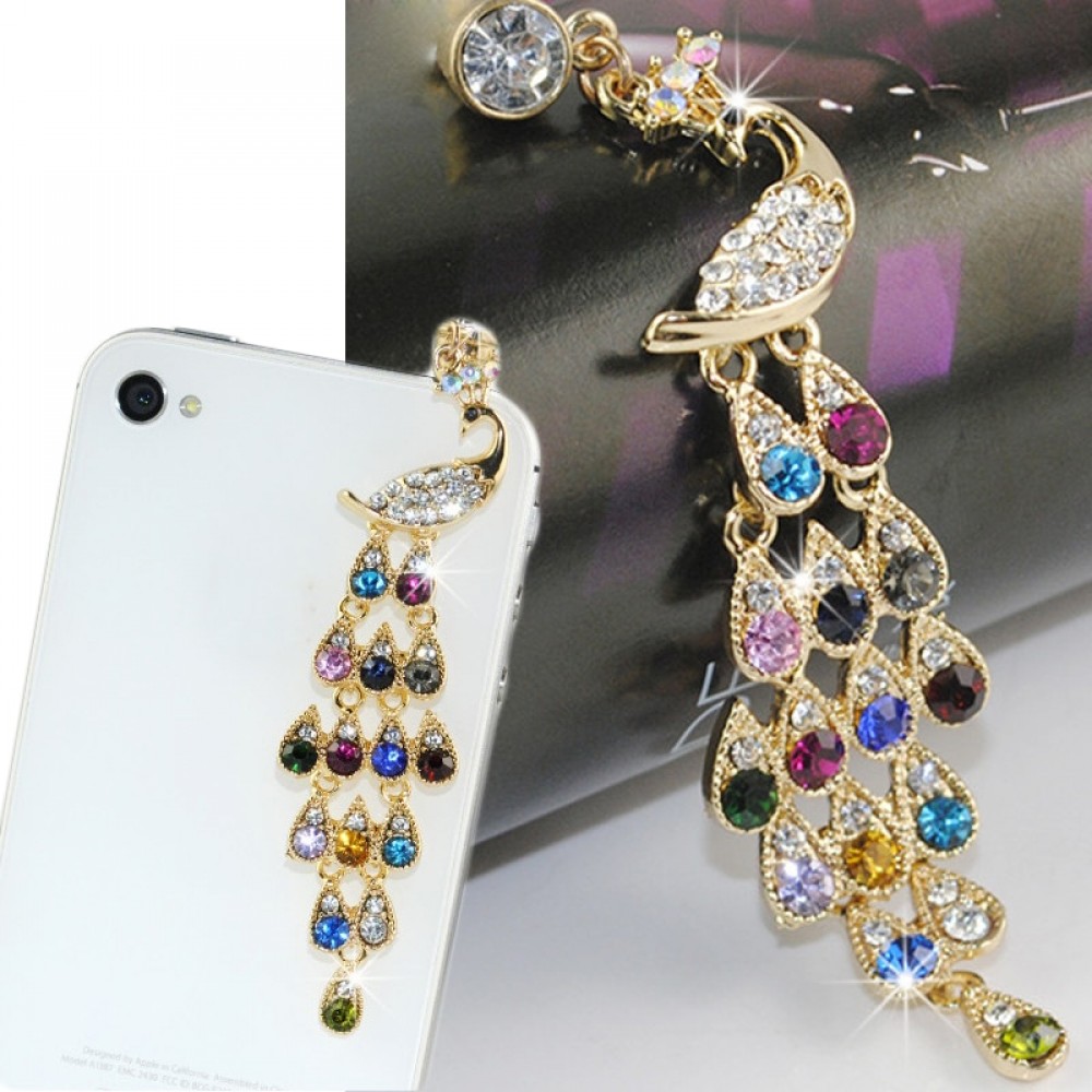 3.5mm High end Atmospheric Rhinestones Long Chain Large Peacock Earphone Dust Plug Dustproof Plug Caps Phone Accessories plugs
