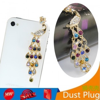 3.5mm High end Atmospheric Rhinestones Long Chain Large Peacock Earphone Dust Plug Dustproof Plug Caps Phone Accessories plugs