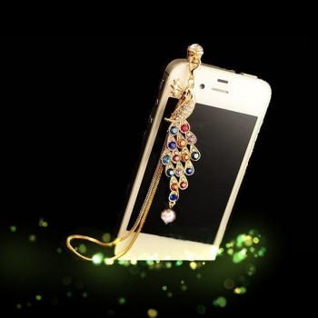 3.5mm High end Atmospheric Rhinestones Long Chain Large Peacock Earphone Dust Plug Dustproof Plug Caps Phone Accessories plugs