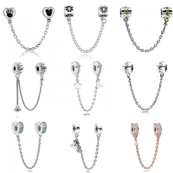 New Silver Plated Bead Charm Star Love Heart  Mickey Safety Chain Rose Gold Beads Fit Women Pandora Bracelet Bangle DIY Jewelry