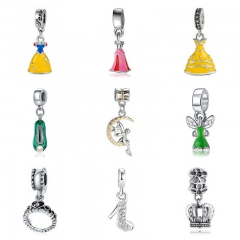 New Original 925 Silver Bead Charm Enamel Crystal Princess Dress Pendant Dangle Fit Pandora Bracelet Necklace DIY Women Jewelry