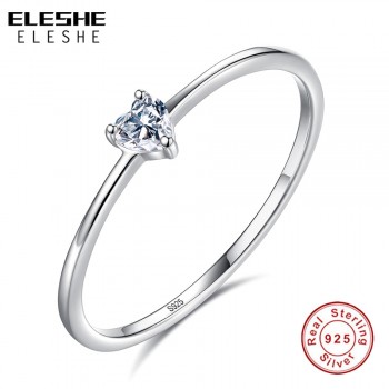 ELESHE Authentic 925 Sterling Silver Finger Ring Crystal Simple Heart Wedding Rings for Women Engagement Original Silver Jewelry